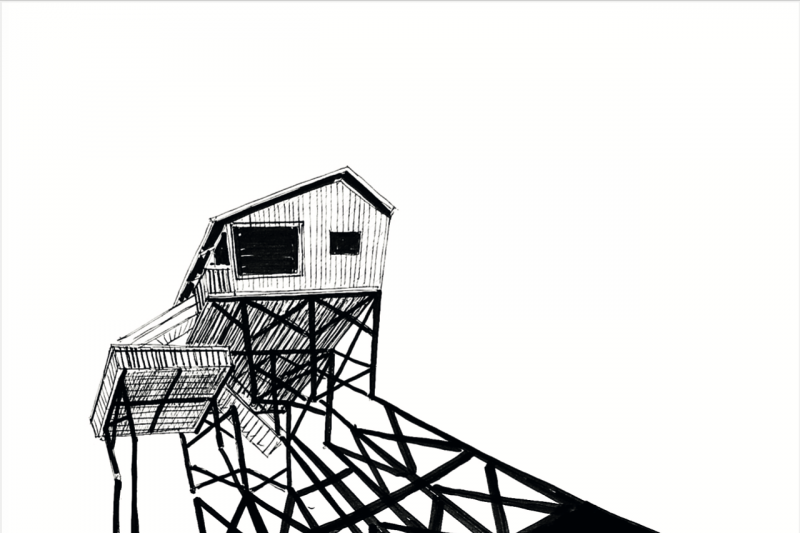 Kleines Haus auf schwarzen Brückenpfeilern, mit einem langen schwarzen Schatten