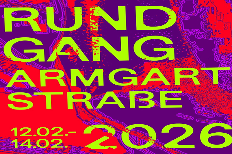 Text auf buntem Hintergrund "Rundgang Armgartstraße" Jahresausstellung der HAW